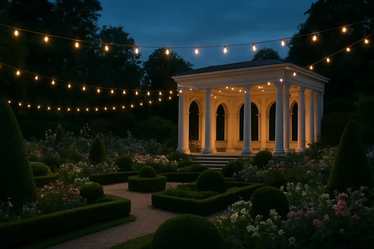 Manicured gardens and white colonnades of the Chelsea pavilion that inspired LuxWinners