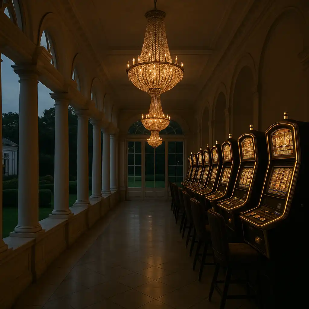 Elegant Chelsea pavilion casino hall with white colonnades and glowing slot machines