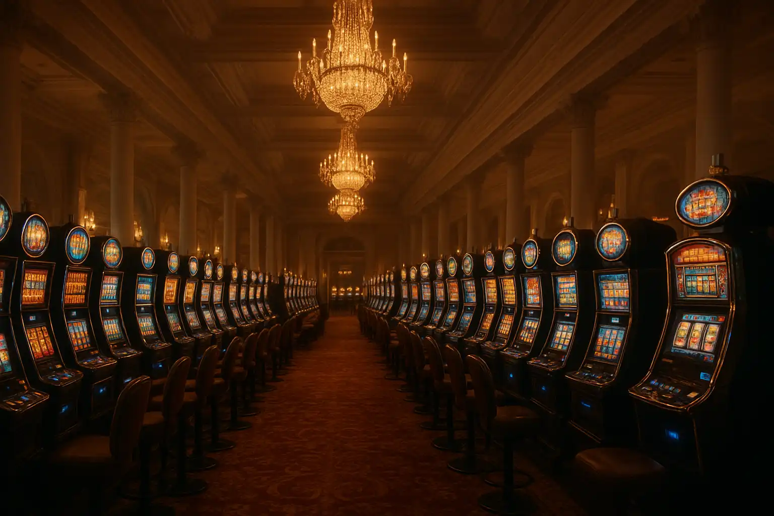 Row of glowing slot machines beneath crystal lanterns in a colonnaded pavilion hall