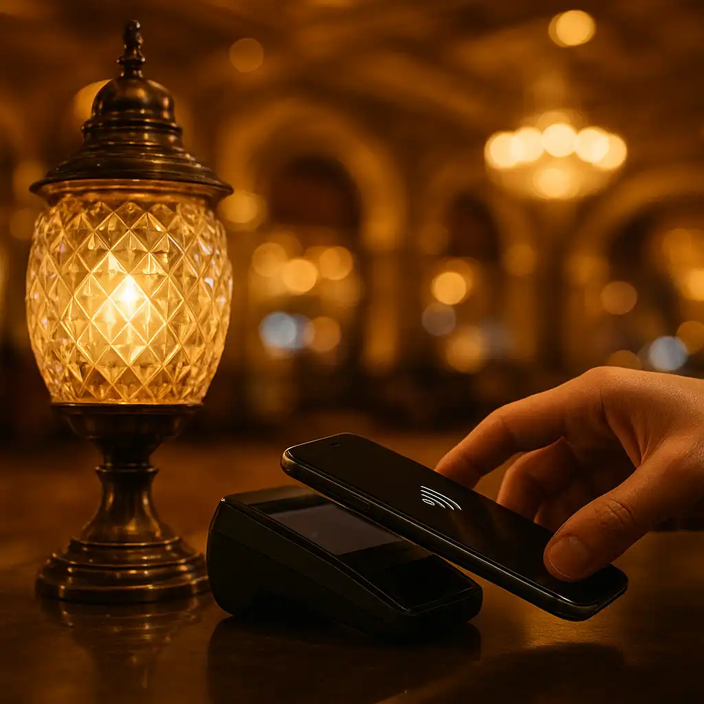 Close up of a card payment being made near a crystal lantern