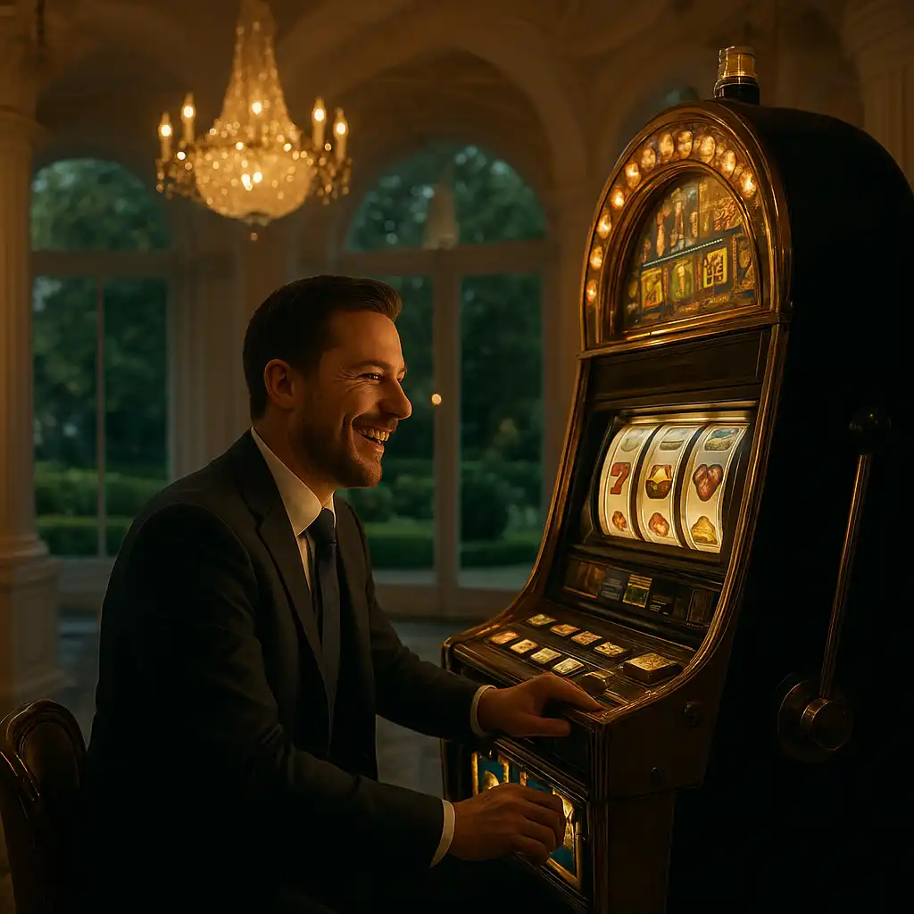 Player enjoying slots inside an elegant pavilion casino hall