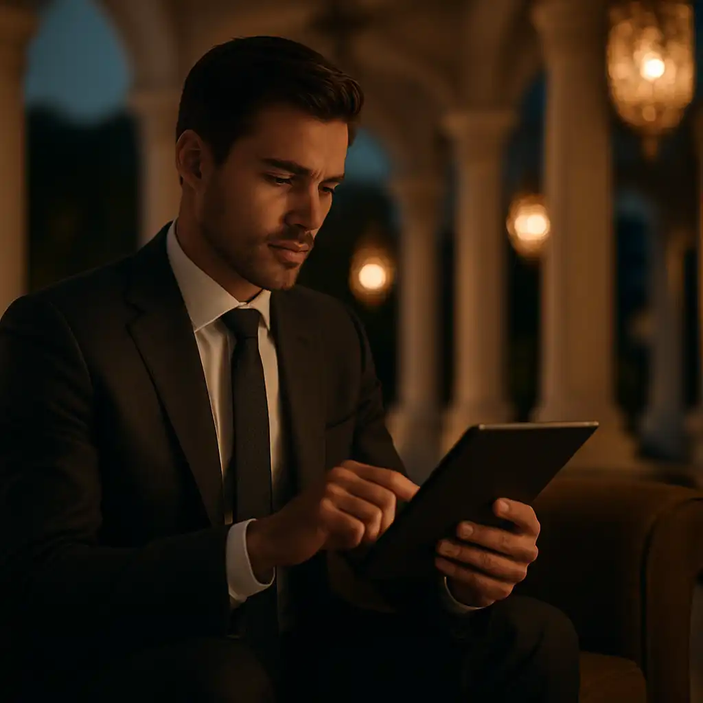 Player registering an account on a tablet in a pavilion lounge