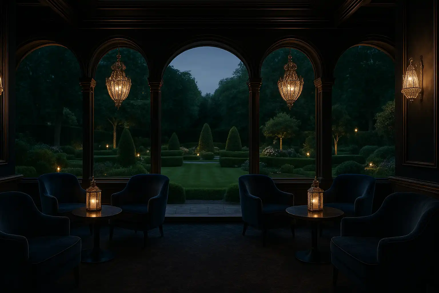 VIP lounge area with plush seating and crystal lanterns inside a Chelsea pavilion casino